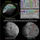 Mysterious crater chains criss-cross the surface on Mars’ moon Phobos. In this illustration, Nayak shows how ejected material can re-impact the surface of Phobos (top left) and produce distinct linear chains (top right). One prominent crater chain that was inexplicable with tidal models (bottom left) can be explained via these repeated impacts (bottom right). Image: M. Nayak
